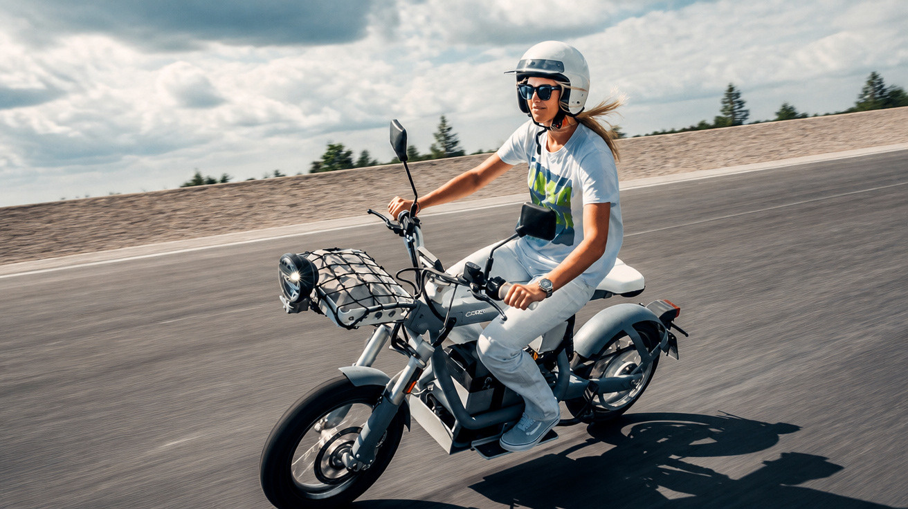 Mulher jovem usando capacete e óculos escuros andando de moto elétrica em estrada asfaltada sob céu nublado.
