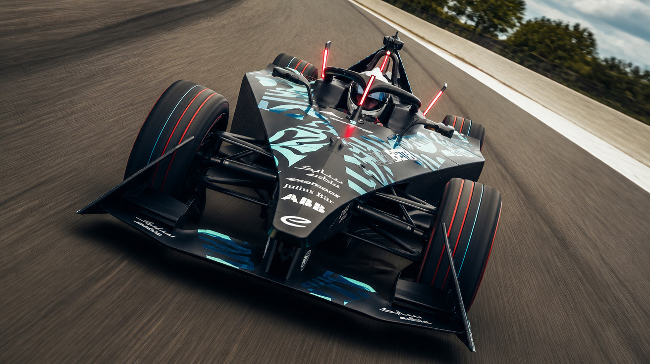 Carro de corrida elétrico preto com detalhes azuis e vermelhos em pista asfaltada curva.