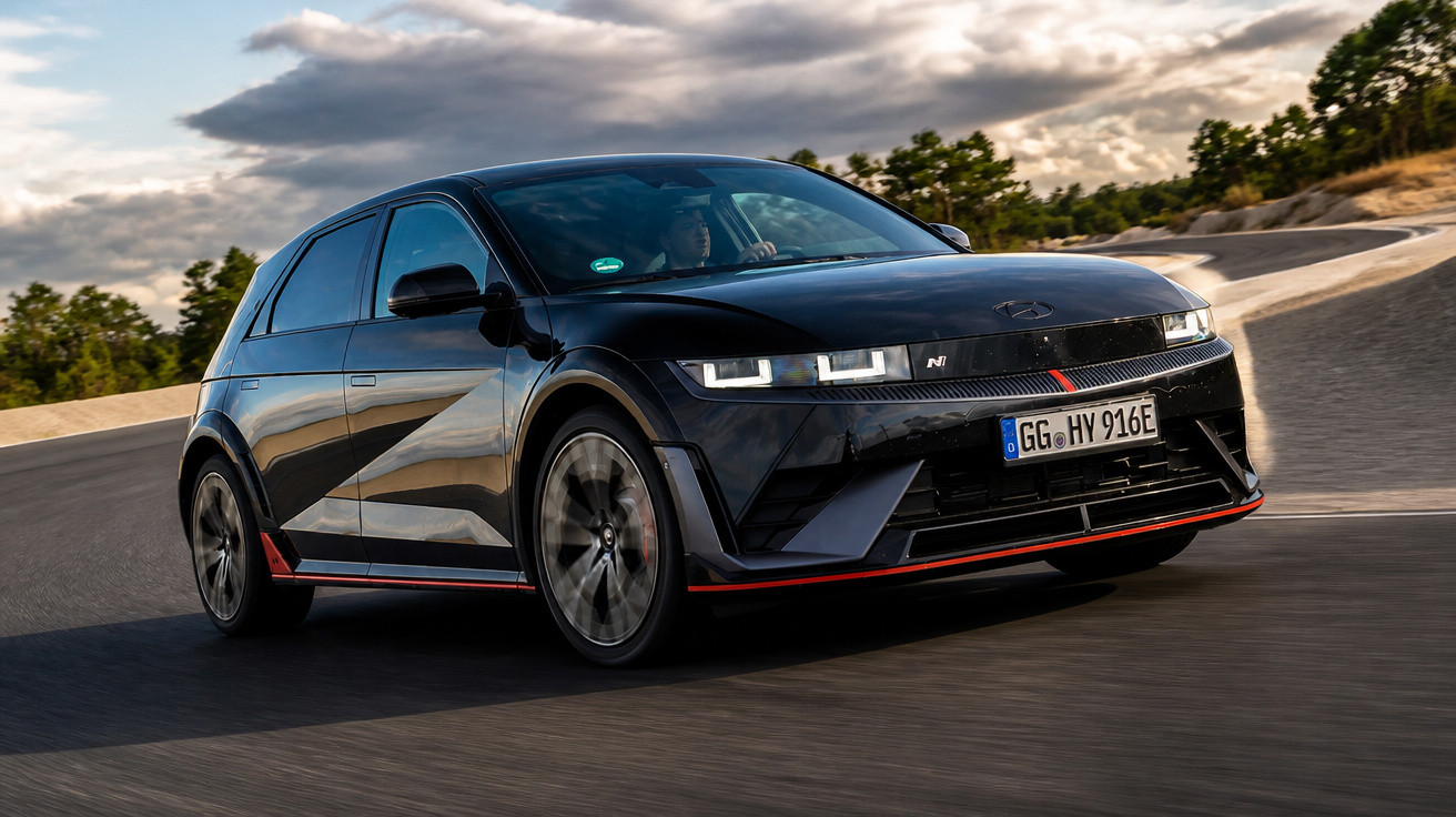 Carro elétrico Hyundai Ioniq 5 N preto em movimento em pista asfaltada em dia nublado.