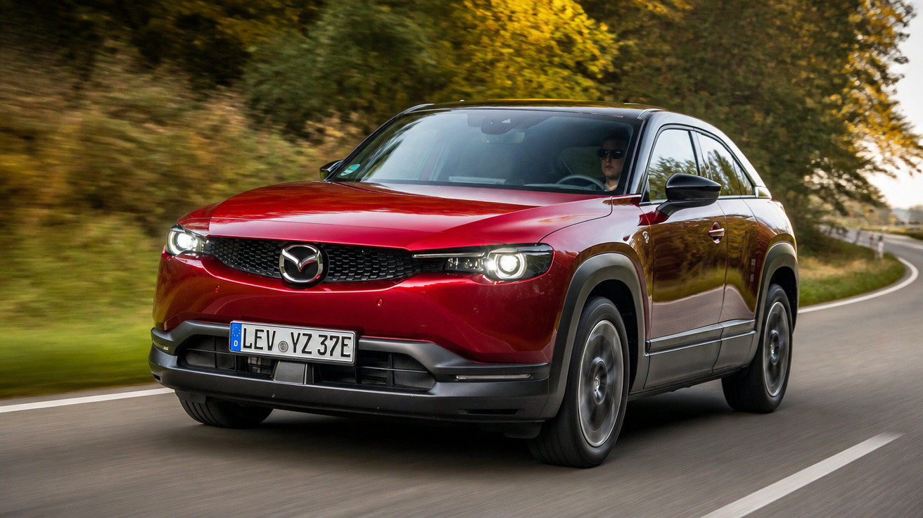 Carro SUV vermelho Mazda em movimento em estrada sinuosa com árvores ao fundo, céu claro.