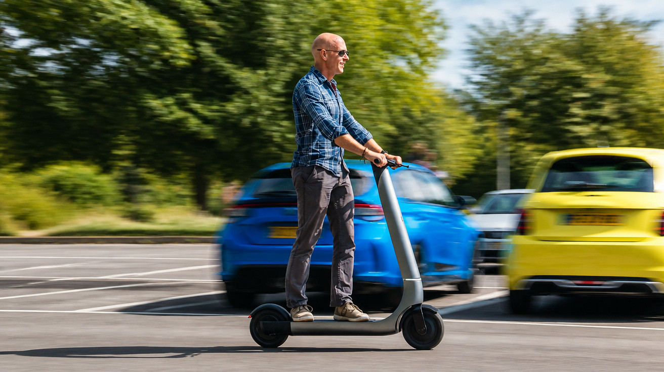 Homem de camiseta xadrez azul andando de patinete elétrico em rua com carros ao fundo.