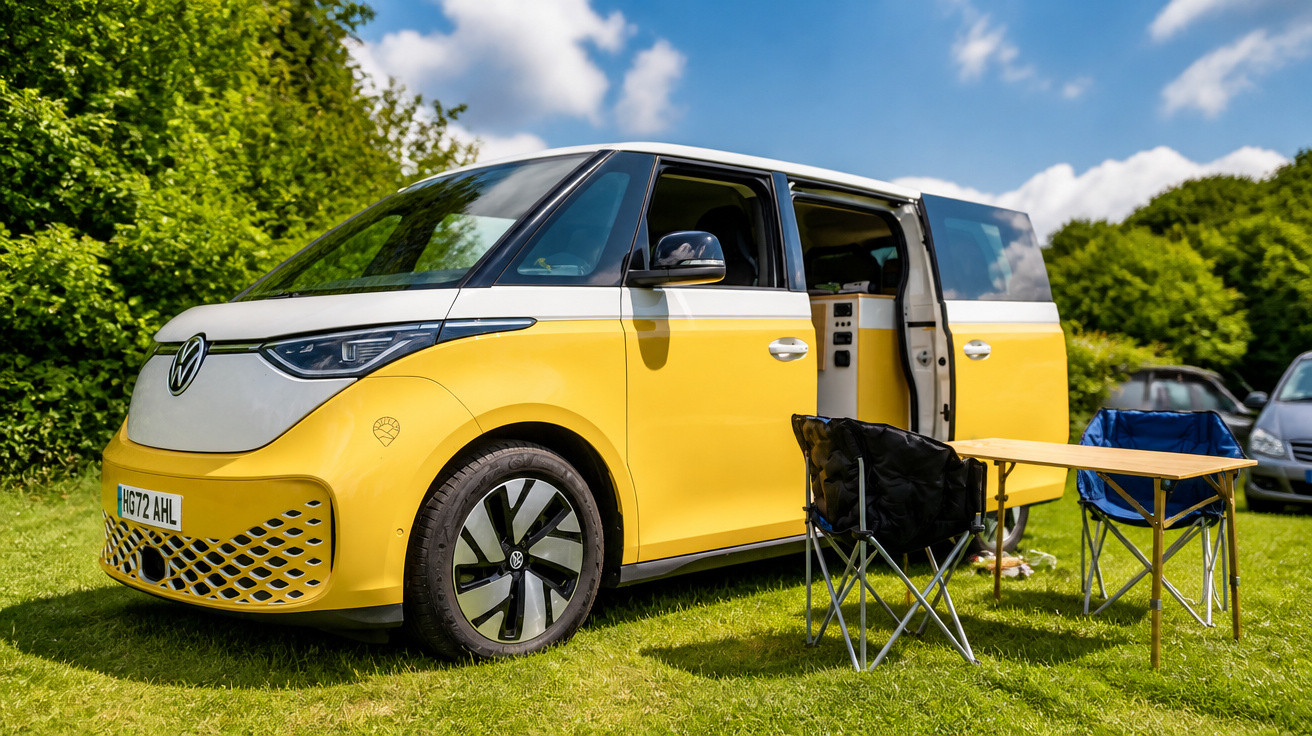 Van Volkswagen elétrica amarela estacionada na grama com cadeiras e mesa ao lado em dia ensolarado.