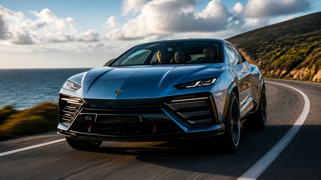 Carro esportivo Lamborghini azul com três pessoas, dirigindo em estrada costeira sob céu com nuvens.