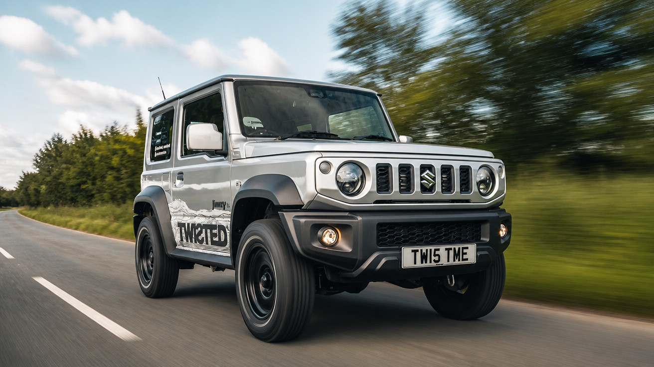 Carro Suzuki Jimny branco em movimento em estrada rural com árvores ao fundo.