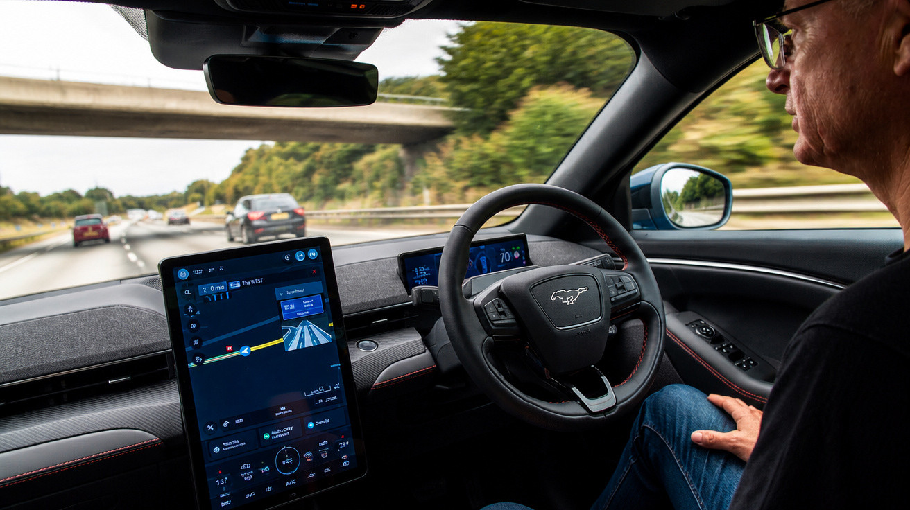 Interior de carro Ford Mustang Mach-E com motorista usando óculos e painel digital exibindo navegação por GPS.