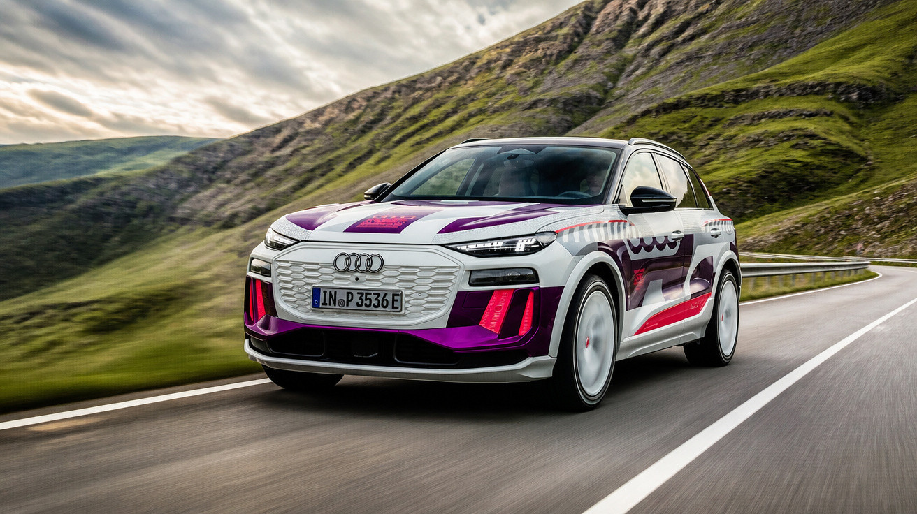Carro elétrico Audi Q4 e-tron com detalhes em roxo e vermelho em estrada sinuosa nas montanhas.
