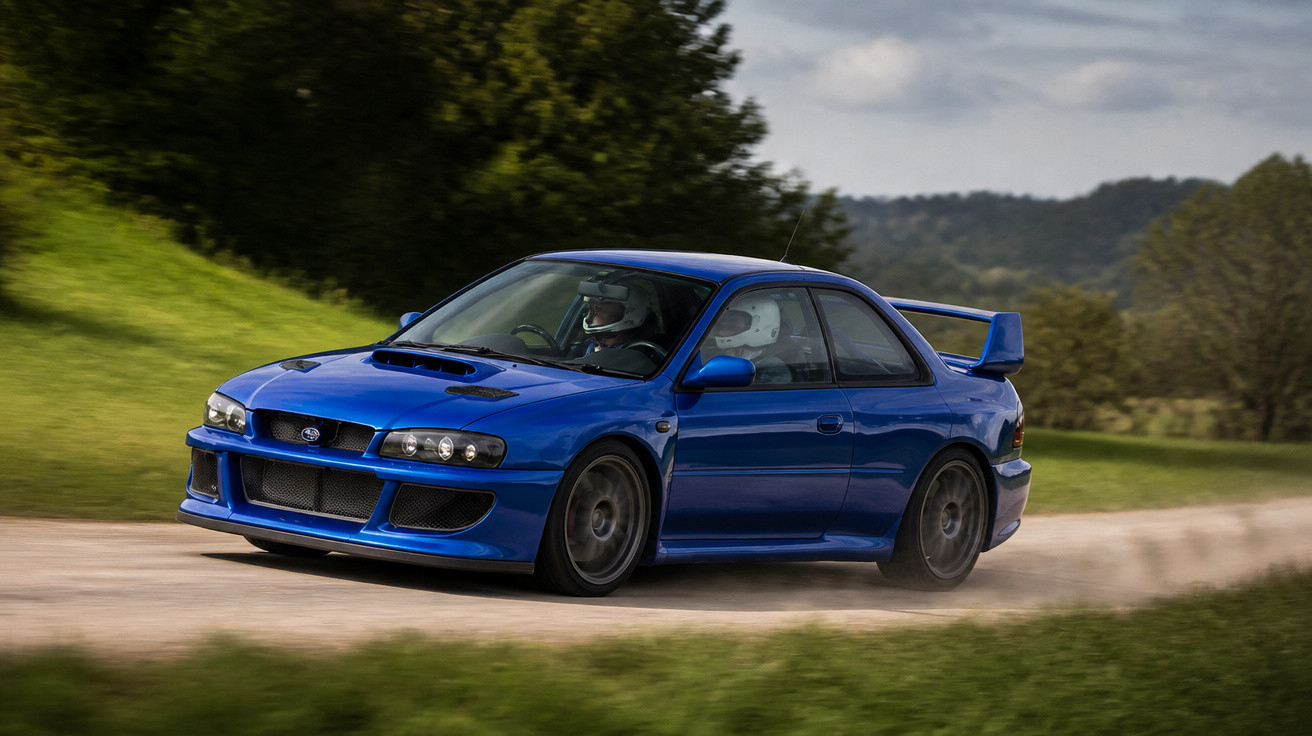 Carro azul esportivo Subaru em curva rápida em estrada de terra com capacetes nos motoristas.