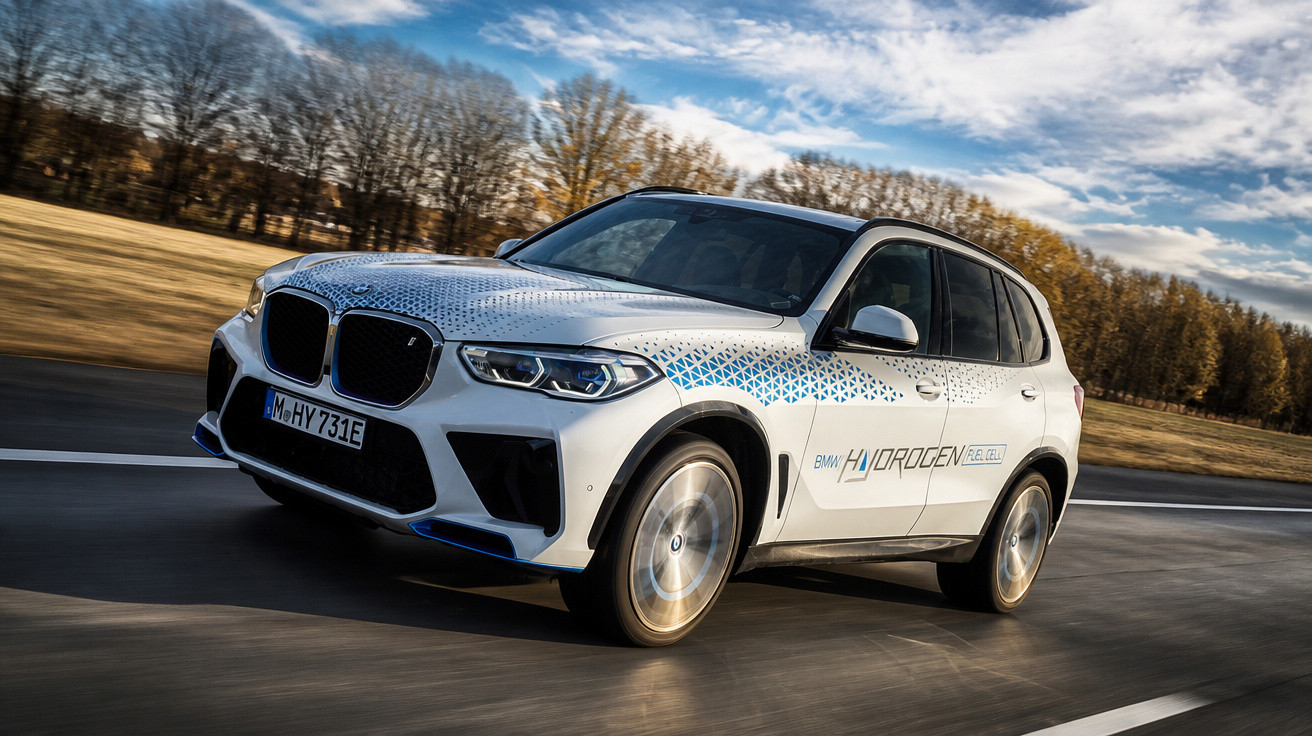 Carro SUV branco BMW Hydrogen em movimento numa estrada, com árvores e céu nublado ao fundo.