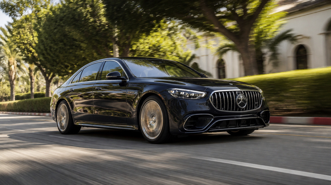 Carro sedan preto Mercedes-Benz em movimento numa rua com árvores e edifícios ao fundo.