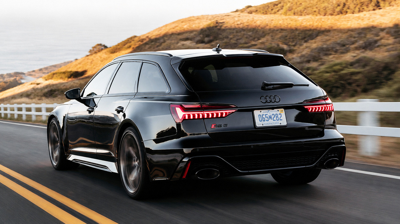 Carro Audi preto modelo RS6 Avant em estrada costeira com colinas secas ao fundo.