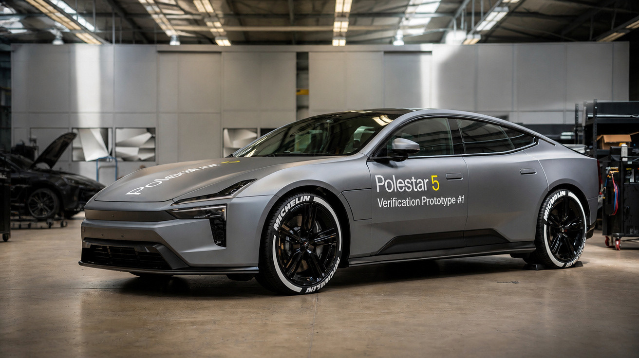 Carro elétrico esportivo Polestar 5 cinza prata em oficina com rodas pretas e pneus Michelin.
