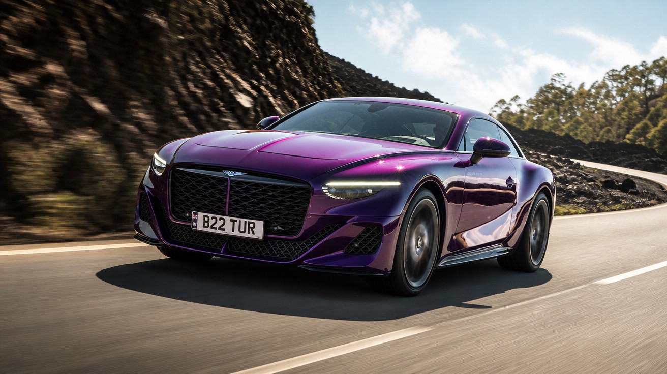 Carro esportivo roxo em alta velocidade em uma estrada sinuosa cercada por pedras e árvores.