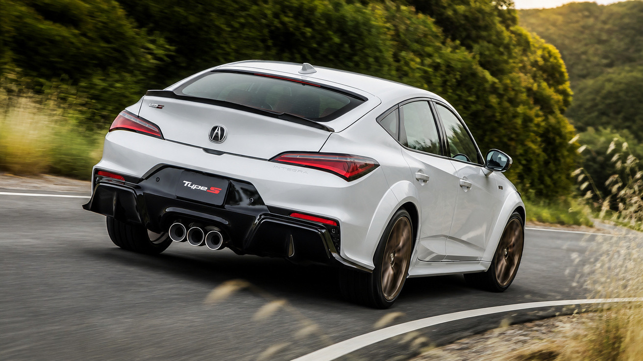 Carro esportivo Acura Type S branco fazendo curva em estrada cercada por árvores.