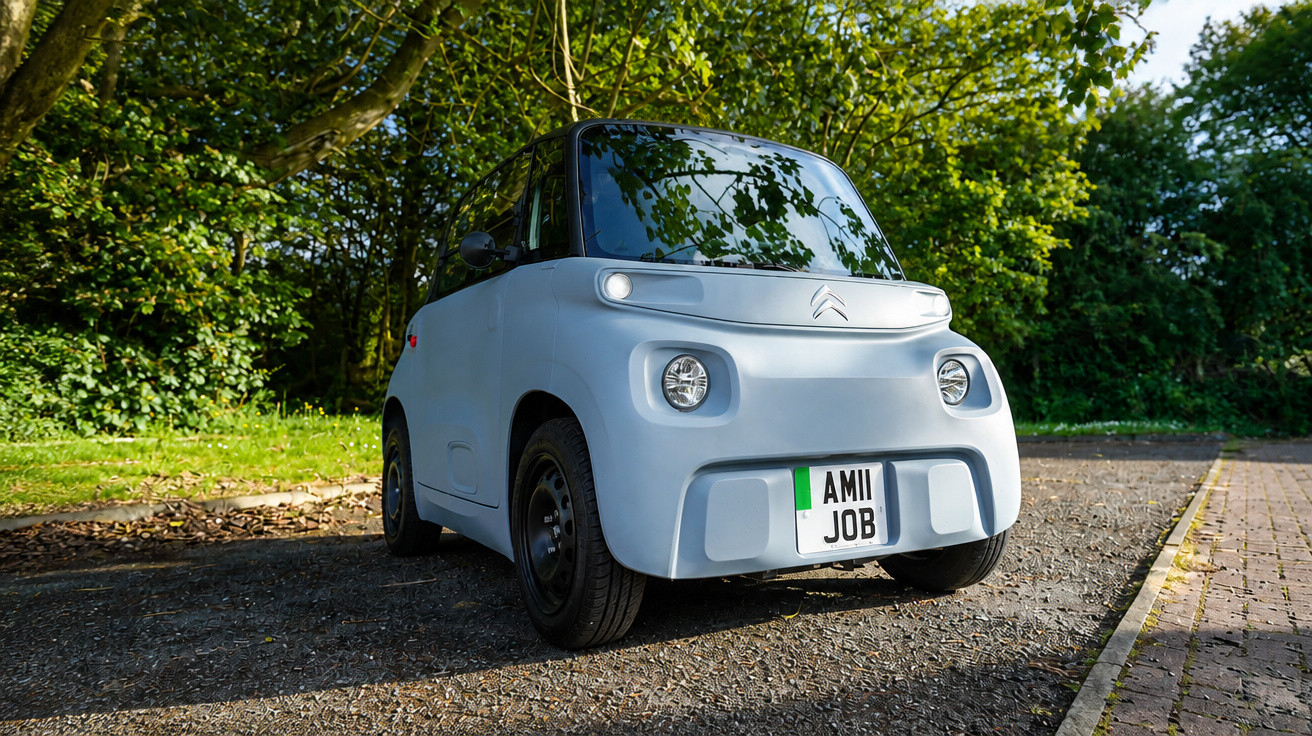 Carro elétrico compacto branco estacionado em área sombreada com árvores ao fundo.