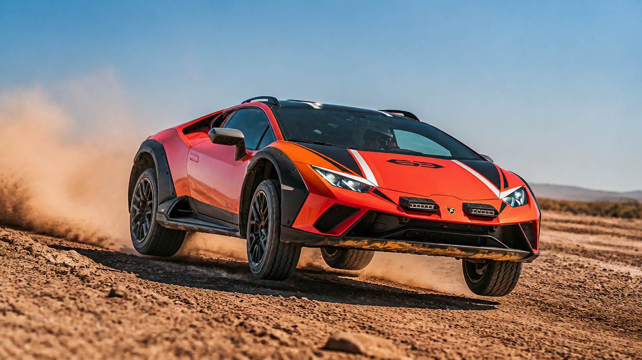 Carro esportivo vermelho e preto fazendo manobra em estrada de terra com poeira ao redor.