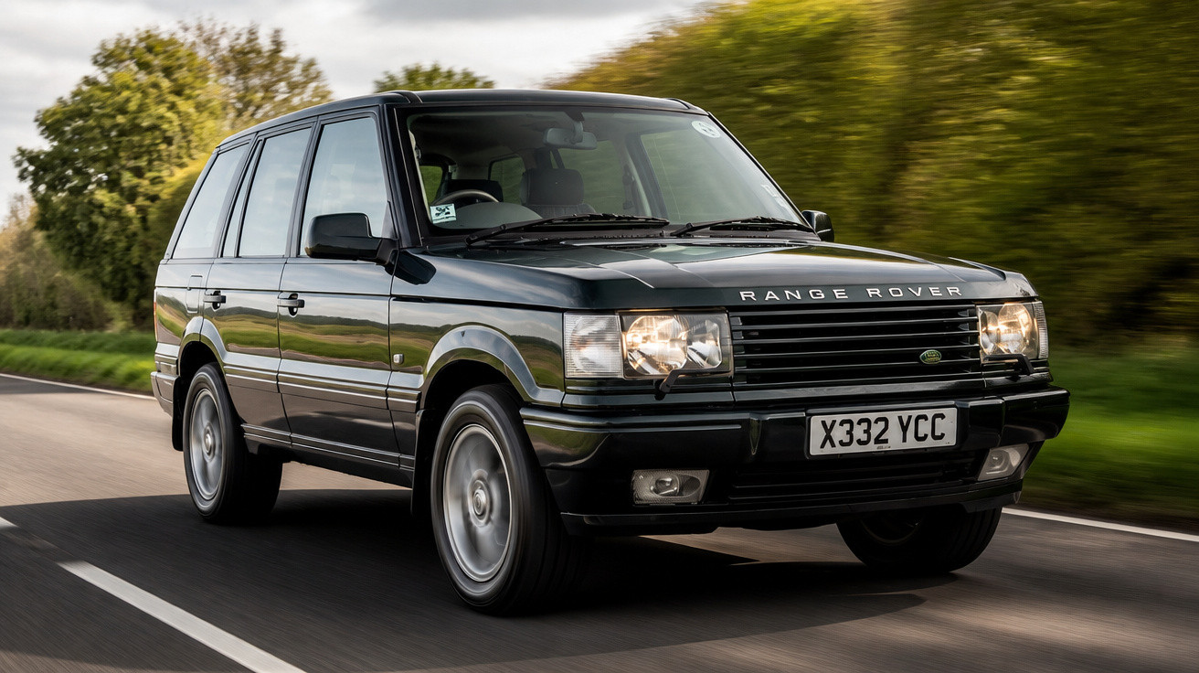 SUV Range Rover preta em movimento em estrada cercada por árvores verdes.