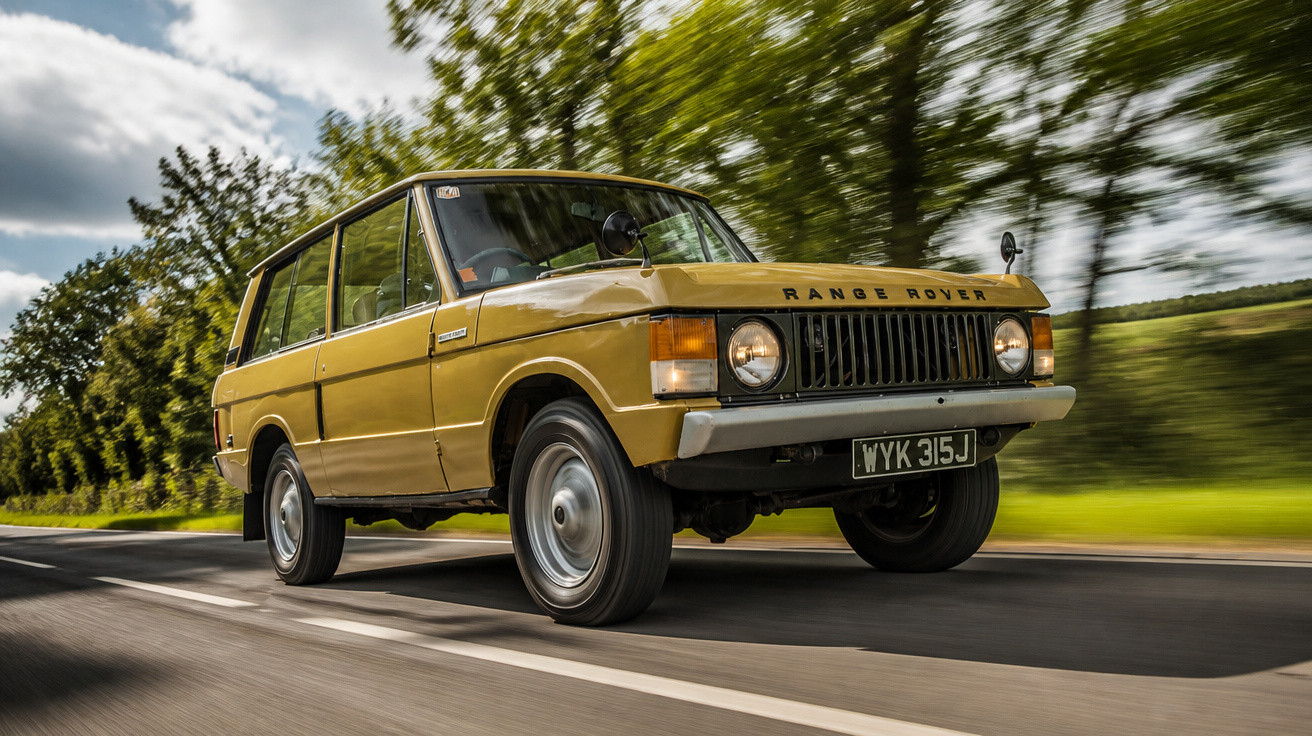 Carro clássico Range Rover amarelo em movimento em estrada rural com árvores ao fundo.