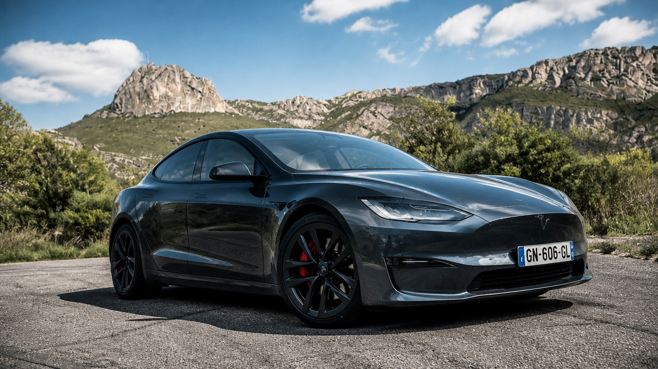 Carro Tesla preto estacionado em estrada com montanhas e céu azul ao fundo.