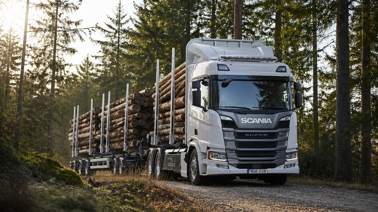 Caminhão branco transportando toras de madeira em estrada de terra cercada por árvores em floresta.