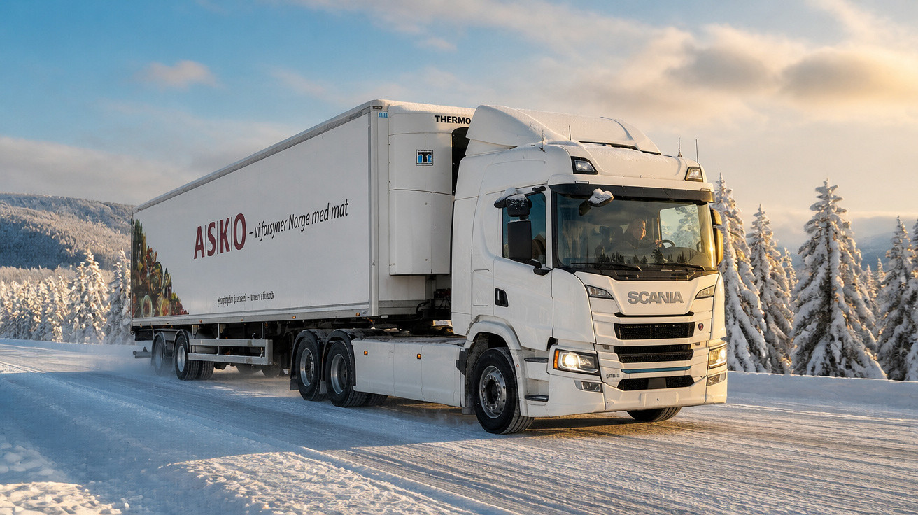 Caminhão branco Scania em estrada coberta de neve com árvores nevadas ao fundo ao pôr do sol.