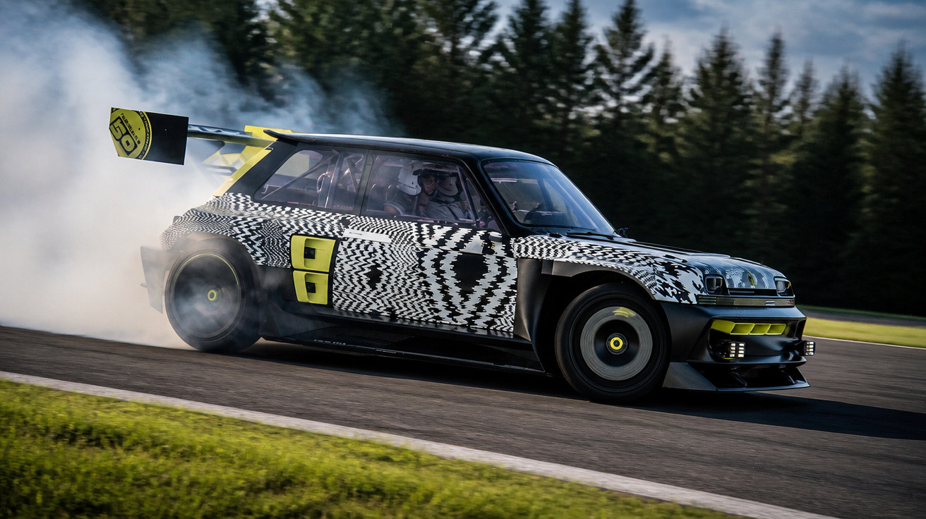 Carro de corrida preto e branco fazendo drift em pista com fumaça saindo dos pneus e árvores ao fundo.
