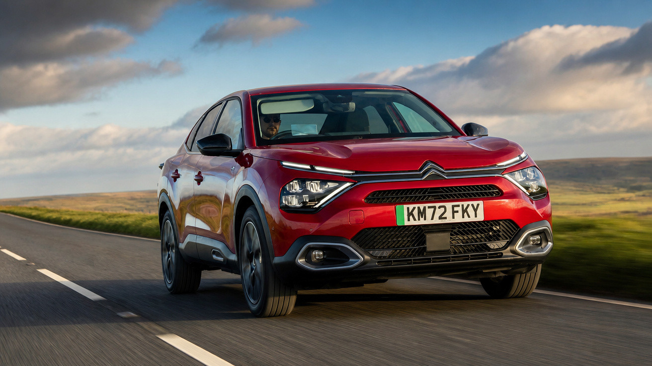 Carro SUV vermelho Citroën em estrada asfaltada com céu azul e nuvens ao fundo.