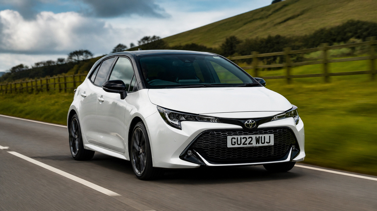 Carro branco hatchback Toyota Corolla em estrada asfaltada com grama e colinas ao fundo.