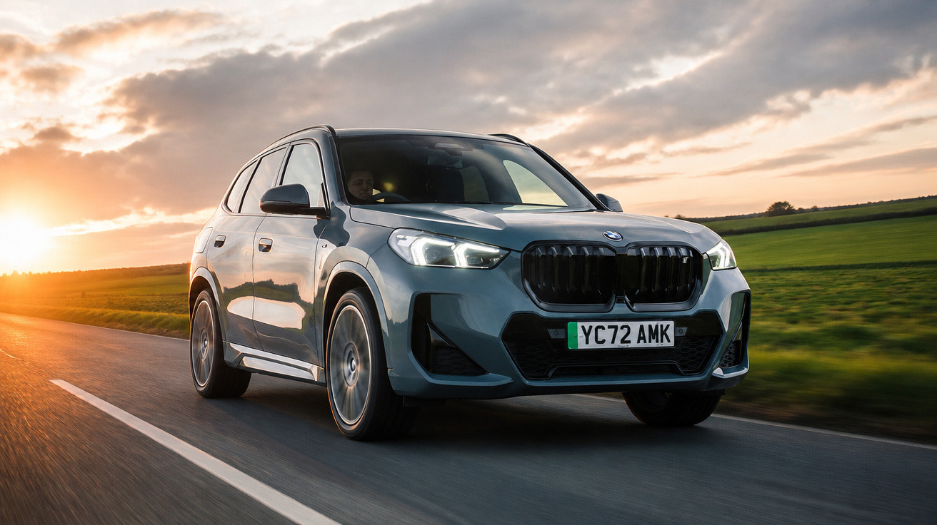 Carro BMW cinza em movimento numa estrada ao pôr do sol com campo verde ao lado.