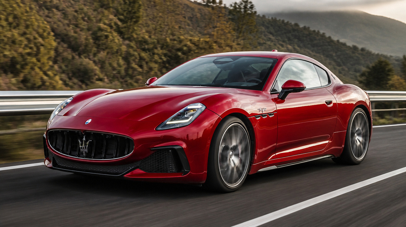 Carro esportivo vermelho Maserati circulando em estrada com montanhas e árvores ao fundo.