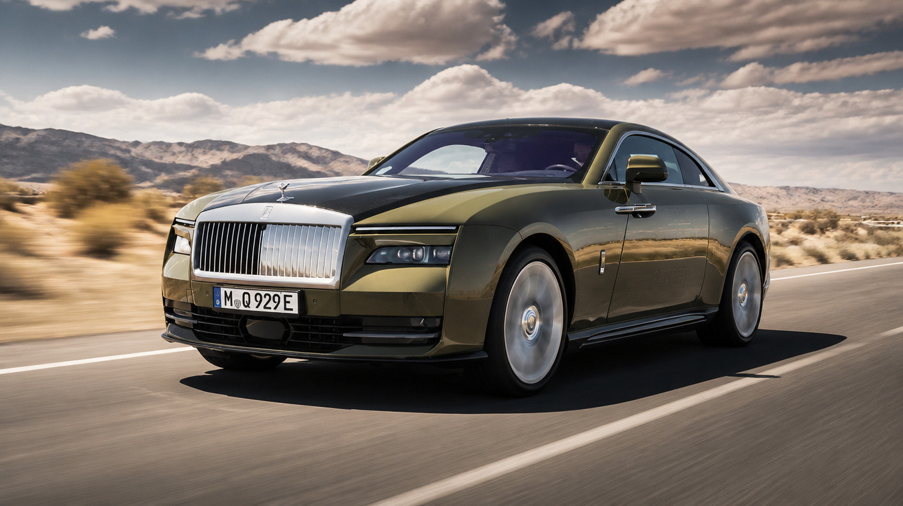 Carro de luxo Rolls-Royce coupe preto em estrada deserta com montanhas ao fundo e céu nublado.