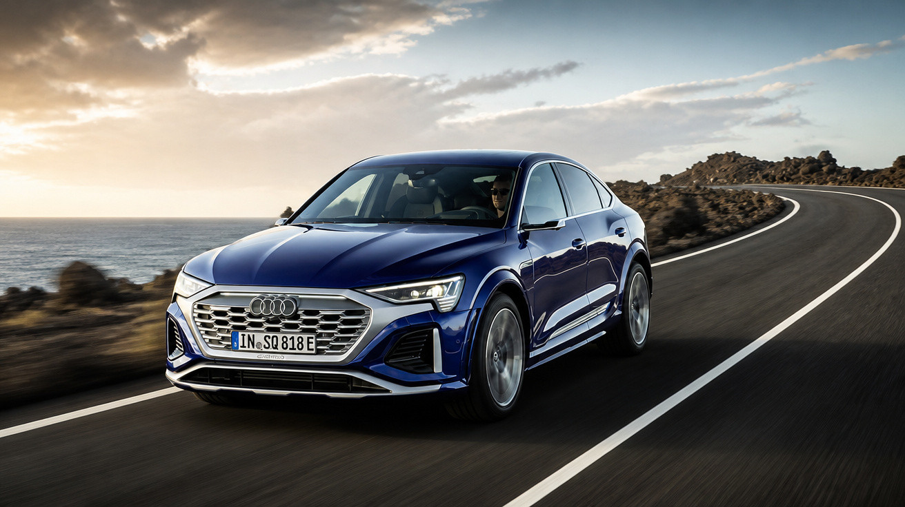 Carro Audi azul modelo SQ8 e-tron dirigindo em estrada costeira sinuosa durante o pôr do sol.