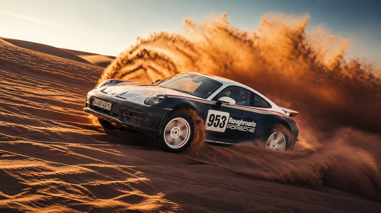 Carro esportivo Porsche 953 dirigindo rápido na areia do deserto, levantando grande nuvem de poeira.