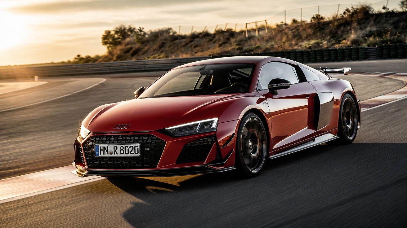 Audi R8 vermelho esportivo em pista de corrida ao pôr do sol.