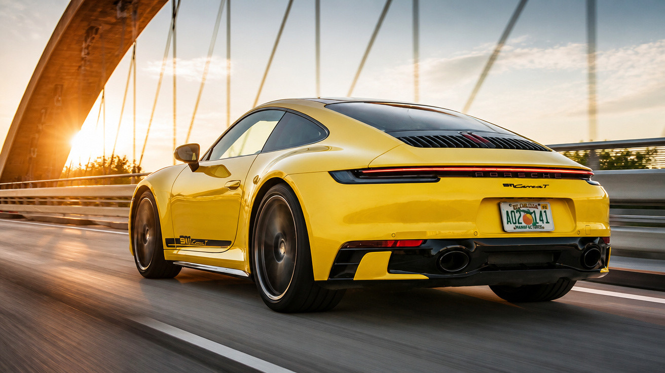 Carro esportivo amarelo Porsche 911 Carrera T em movimento sobre ponte ao pôr do sol.