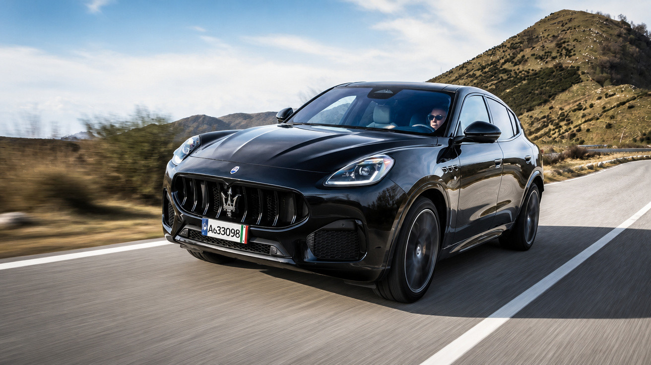 Carro preto esportivo Maserati em alta velocidade em estrada entre montanhas sob céu parcialmente nublado.