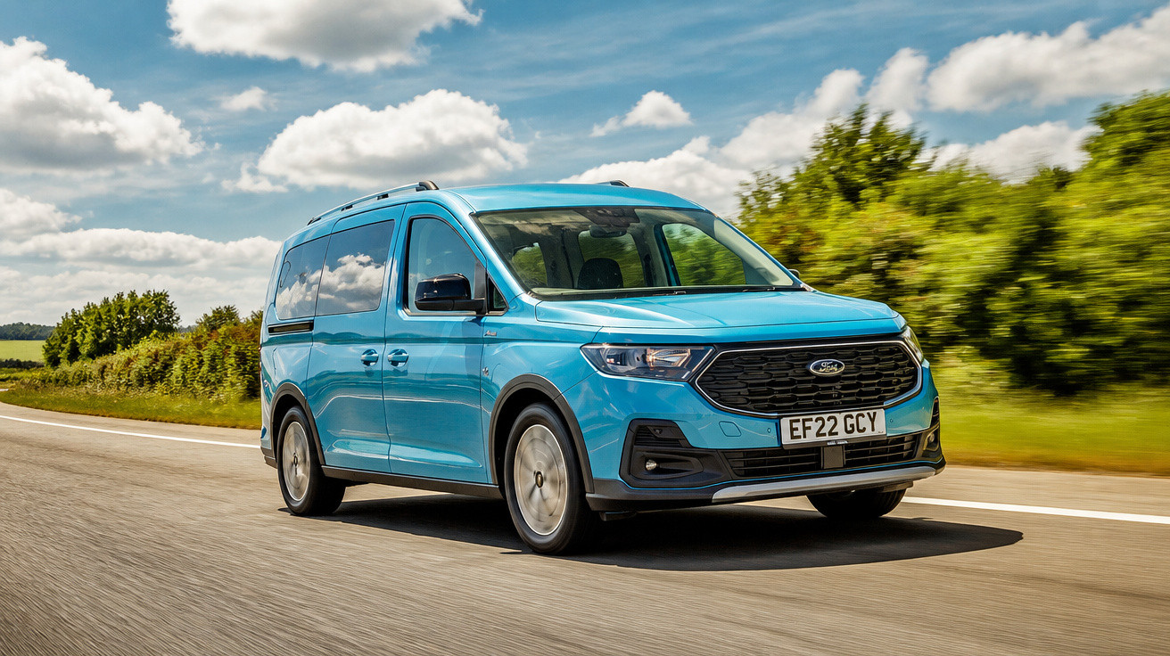 Van azul da Ford em estrada asfaltada com céu parcialmente nublado e vegetação ao fundo.