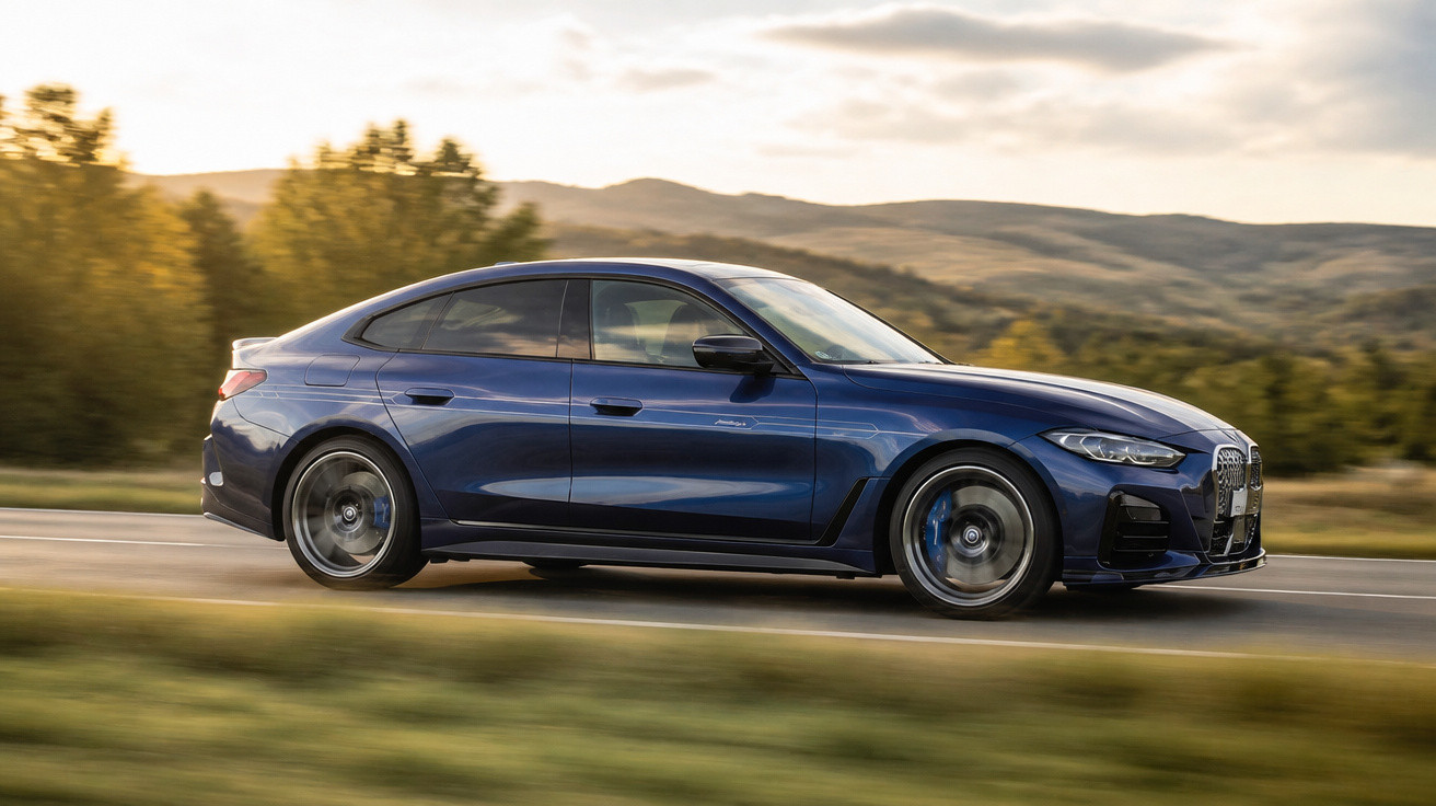 Carro esportivo azul escuro em movimento em estrada com paisagem natural ao fundo ao entardecer.