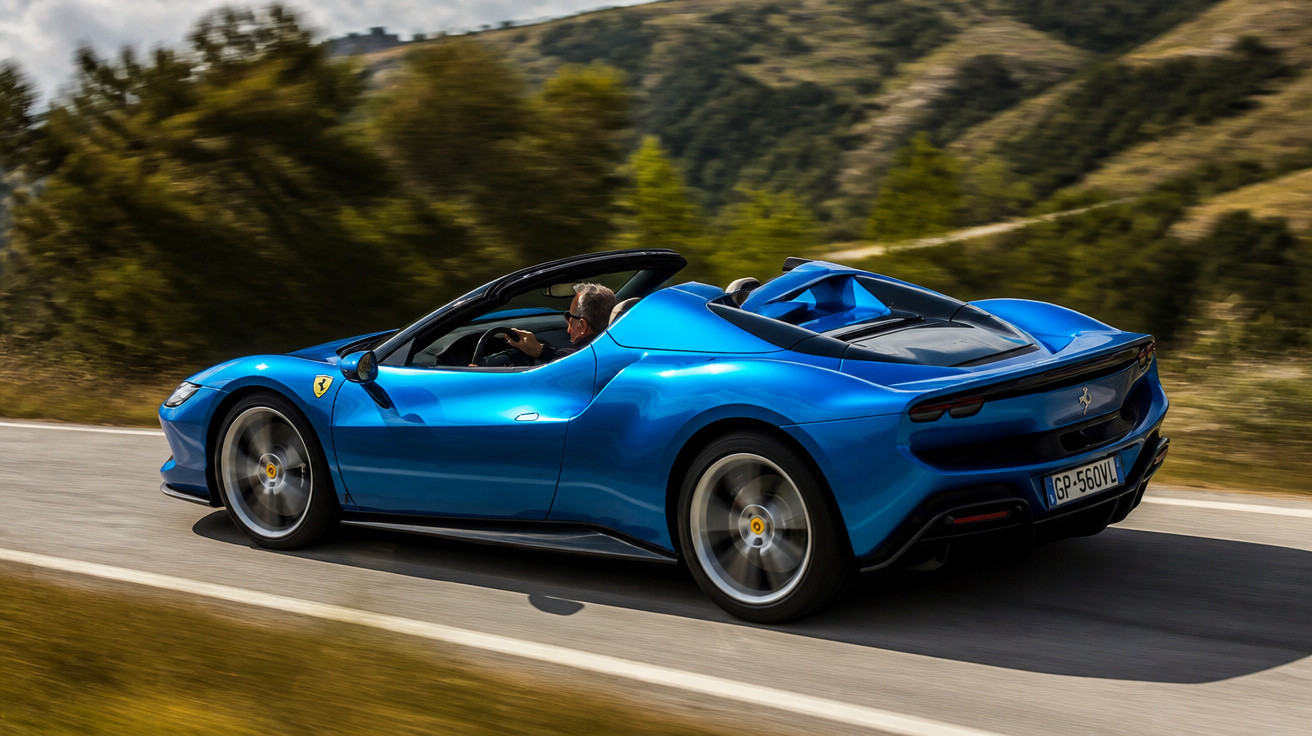 Carro esportivo conversível azul em movimento em estrada cercada por vegetação e colinas.
