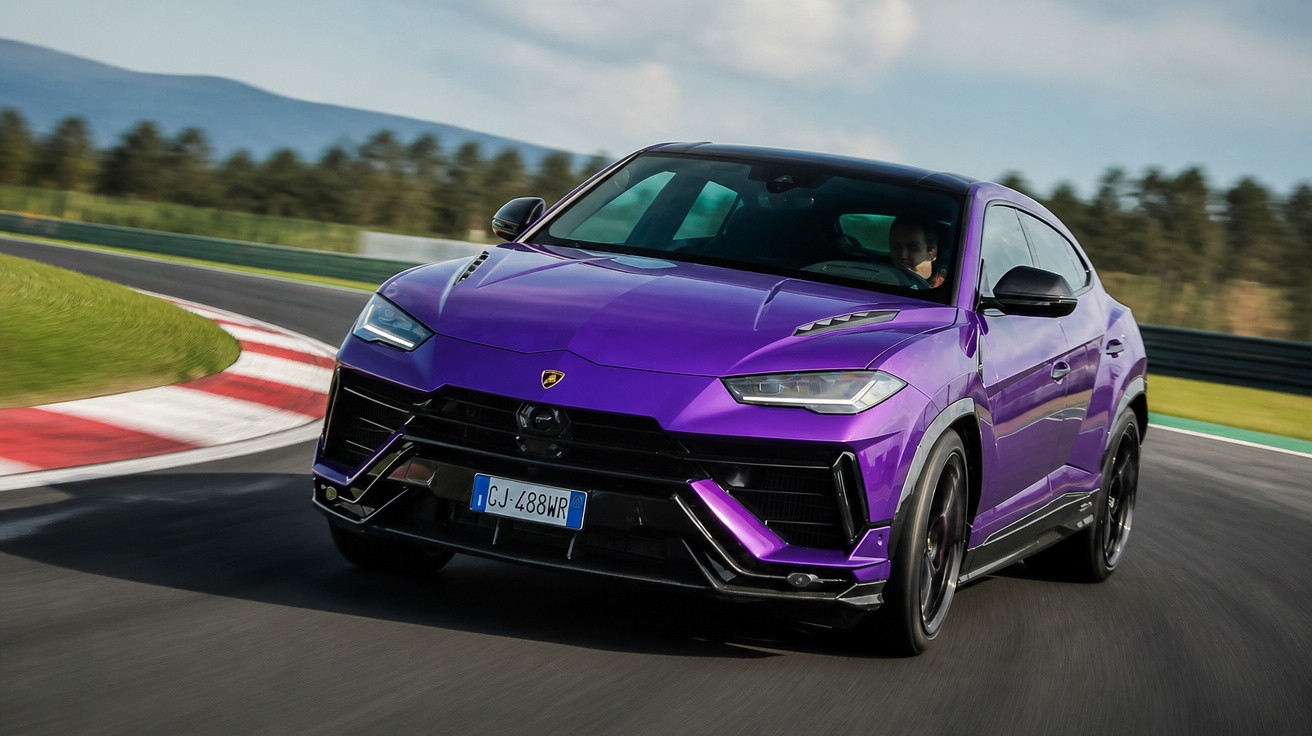 Carro esportivo SUV Lamborghini Urus roxo dirigindo em pista de corrida com fundo de árvores e montanhas.
