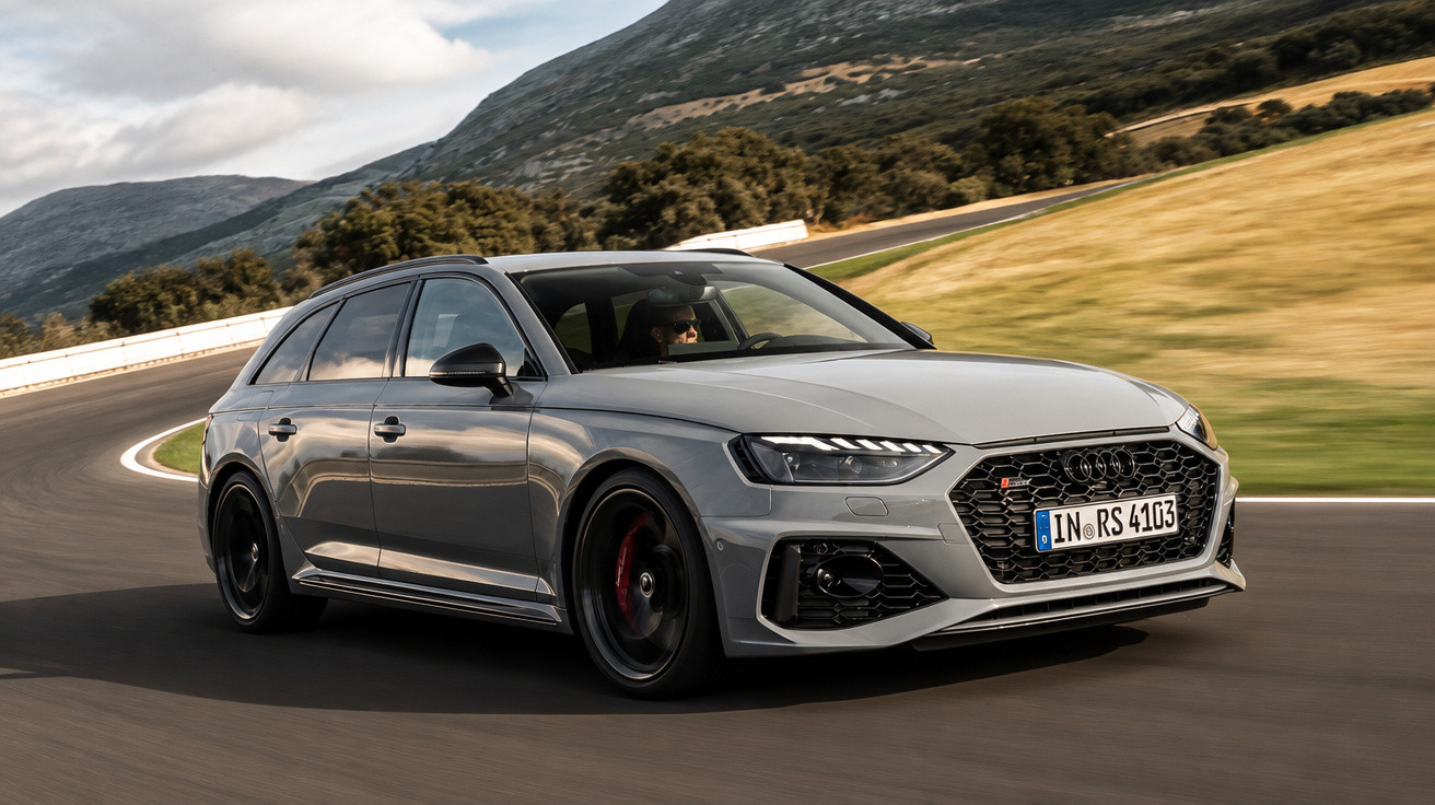 Carro esportivo Audi cinza dirigindo em pista curva com montanhas e gramado ao fundo.
