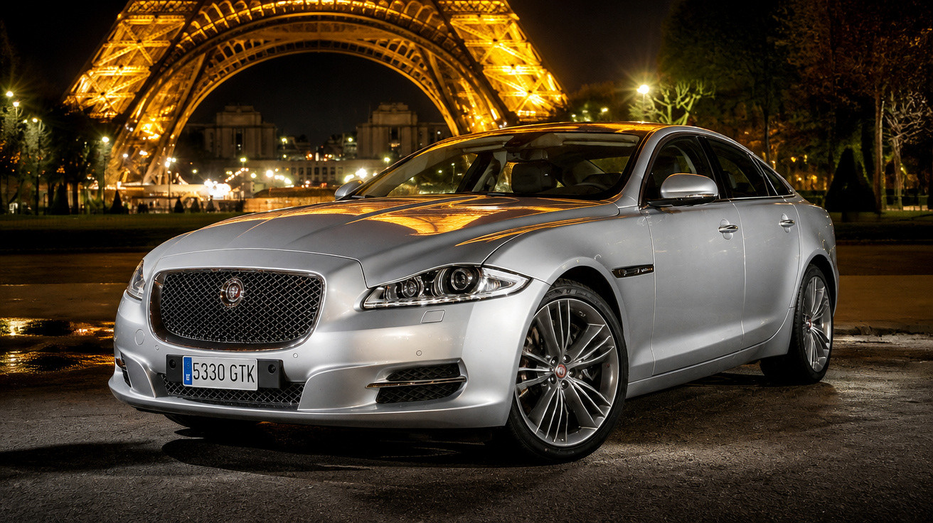Carro prata estacionado à noite com a Torre Eiffel iluminada ao fundo em Paris.