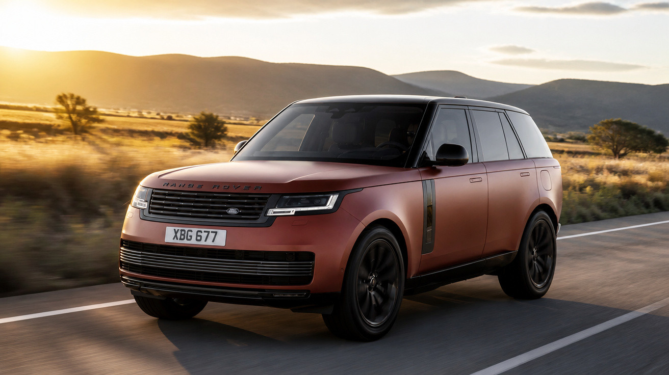SUV Range Rover marrom dirigindo em estrada com montanhas ao fundo ao pôr do sol