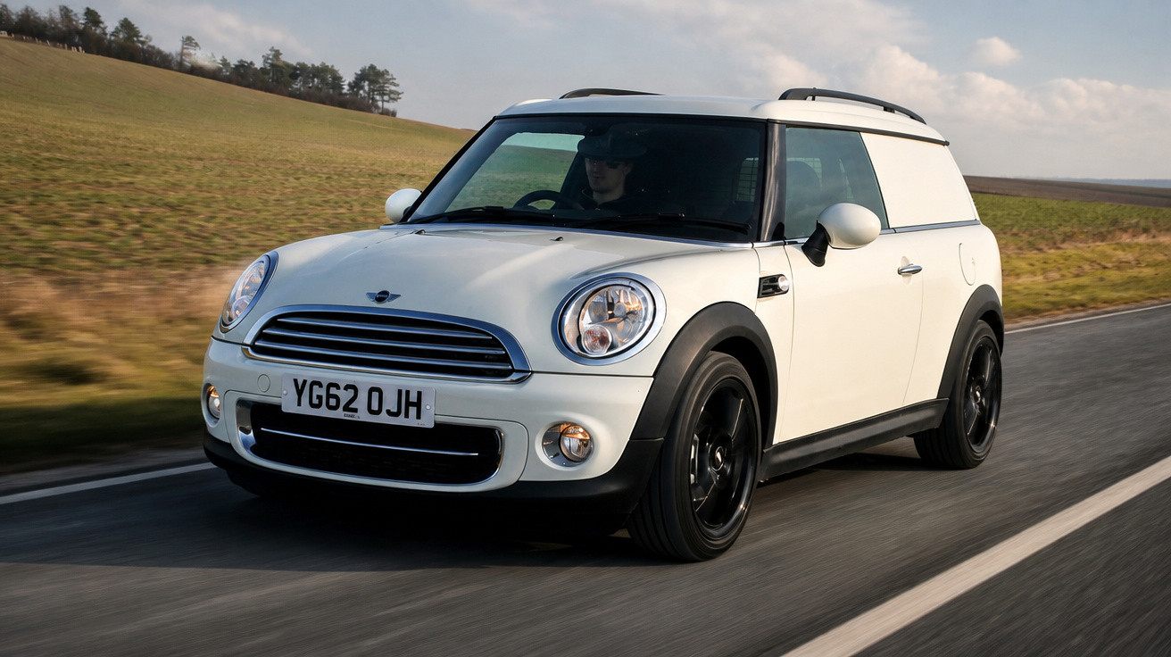 Carro Mini Cooper branco em estrada com campo ao fundo em dia nublado.