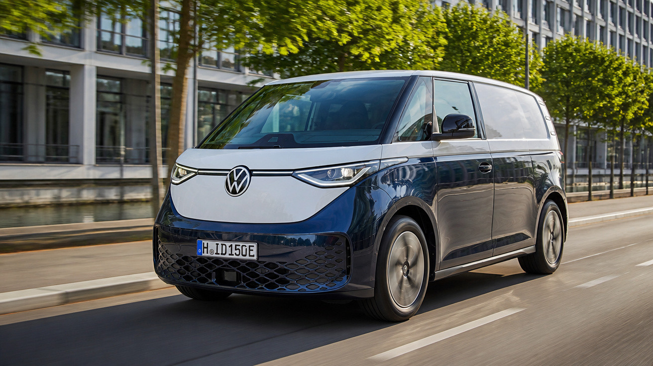 Van elétrica Volkswagen ID. Buzz em movimento em avenida urbana com árvores e edifícios.