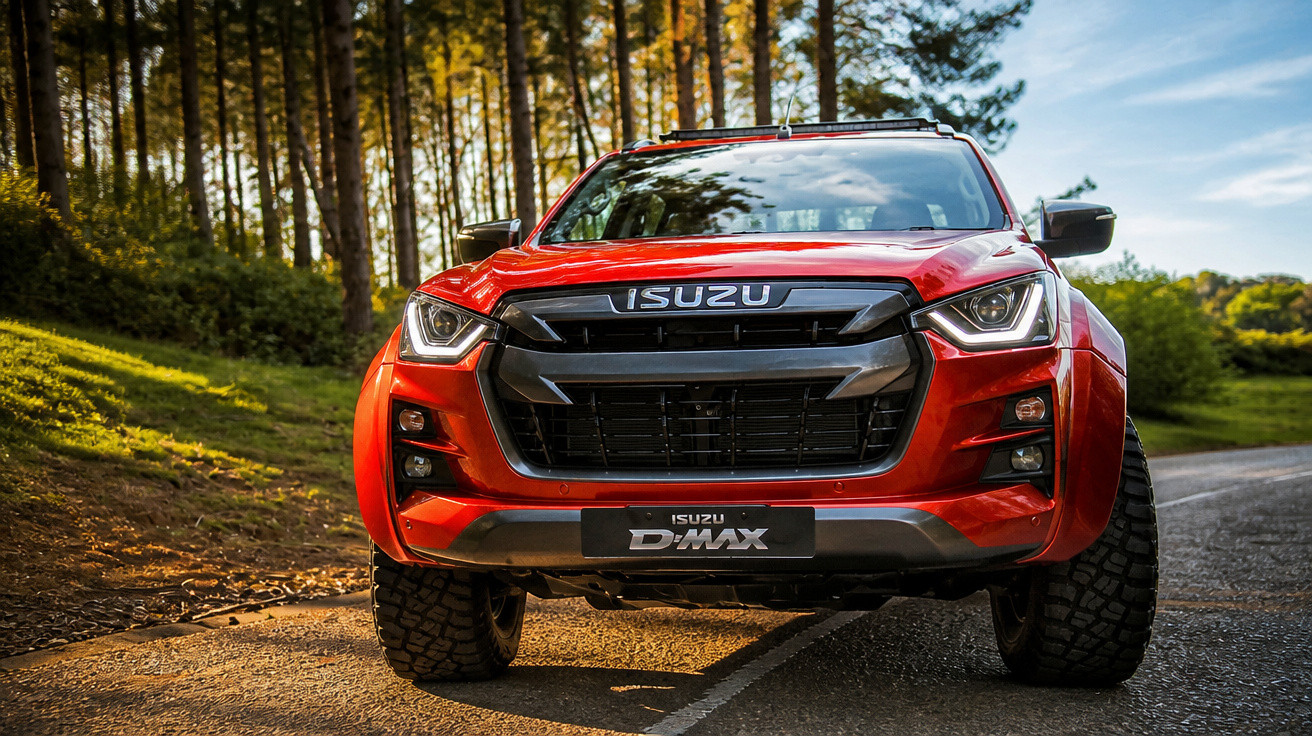Picape Isuzu D-Max vermelha estacionada em estrada ao lado de floresta ao entardecer.