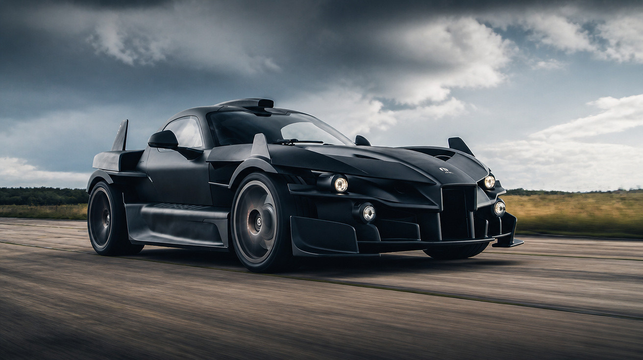 Carro esportivo preto personalizado com design agressivo em pista de corrida sob céu nublado.