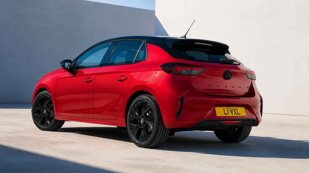 Carro hatchback vermelho com teto preto estacionado em área externa clara.