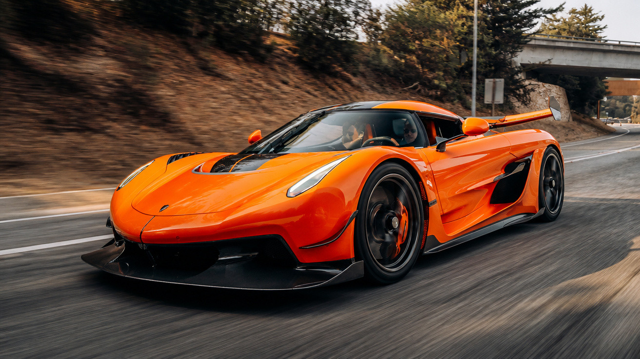 Carro esportivo laranja, modelo superesportivo, dirigindo em estrada asfaltada sob ponte.
