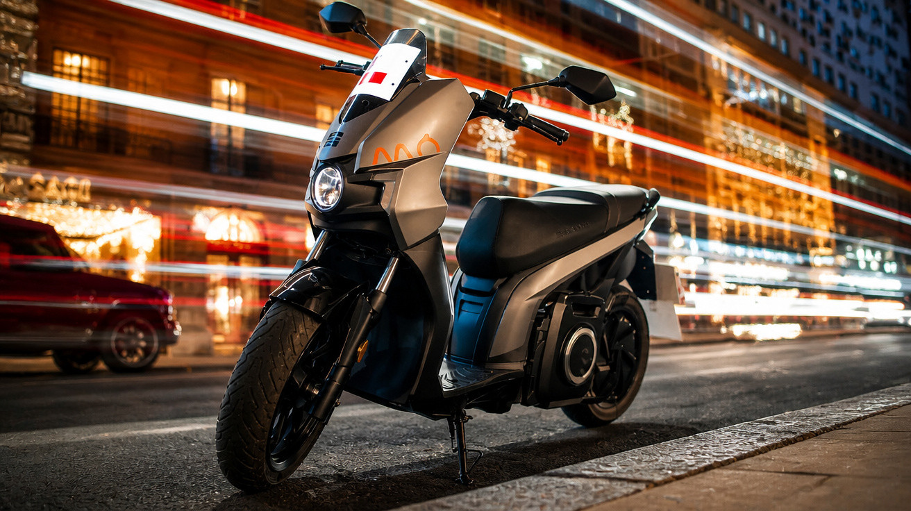 Motocicleta preta estacionada na rua à noite com movimento de luzes ao fundo em área urbana.