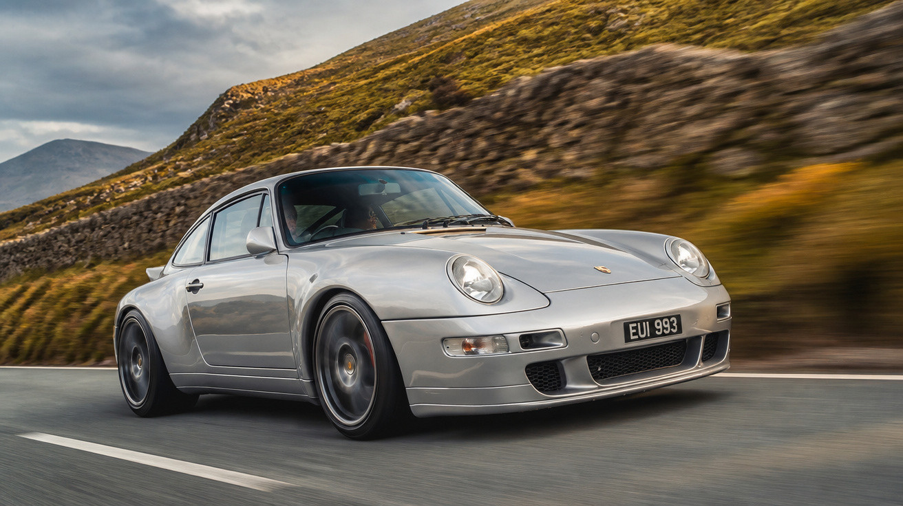Carro esportivo prata Porsche clássico em alta velocidade em estrada com paisagem montanhosa ao fundo.